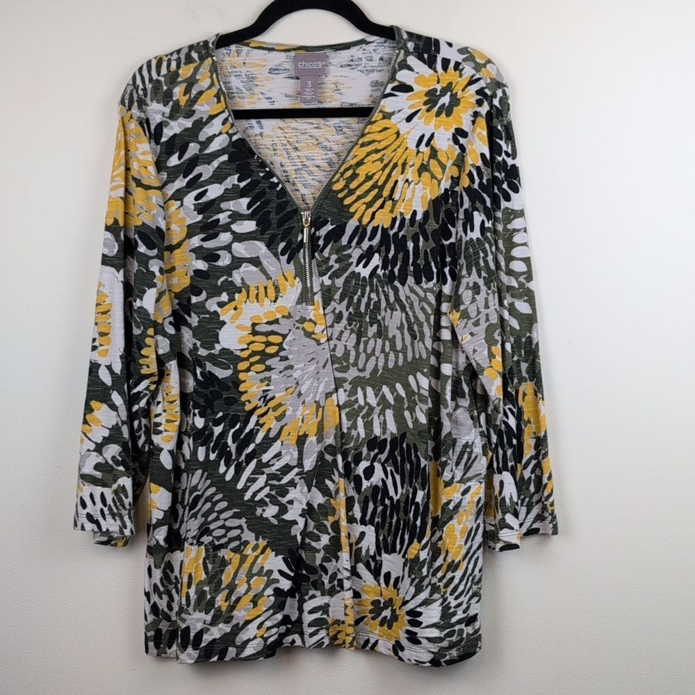 Chico's Abstract Floral Print Cotton Tunic Blouse Top Zipper Neckline Size XL